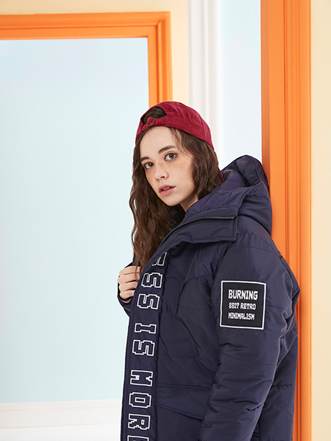 Long Padded Jacket with Hood (Navy)  